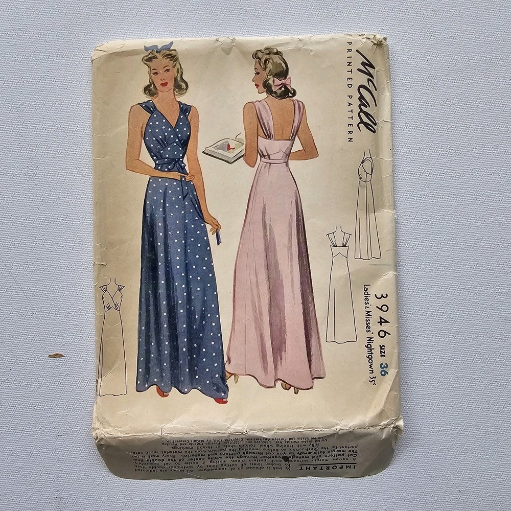 1940s FF Vintage B36" McCalls 3946 Nightgown Bias Cut Dress Sewing Pattern